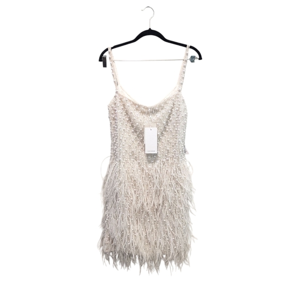 NWT Nadine Merabi Carrie Ivory White Beaded Feather Cocktail Dress Size 8/M - Picture 3 of 16